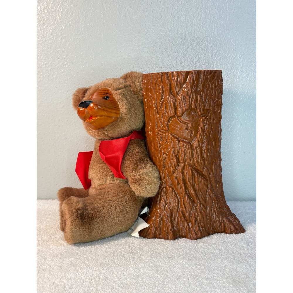 FTD Collector Series Teddy Bear Brown Wooden Face Jointed with Floral Vase